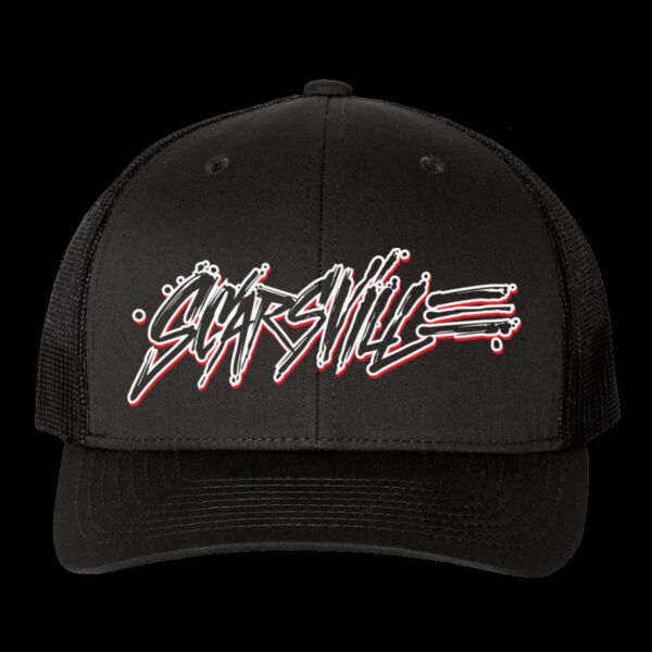 SCARSVILLE LOGO 2 - PREMIUM UNISEX SNAPBACK TRUCKER HAT - BLACK Thumbnail